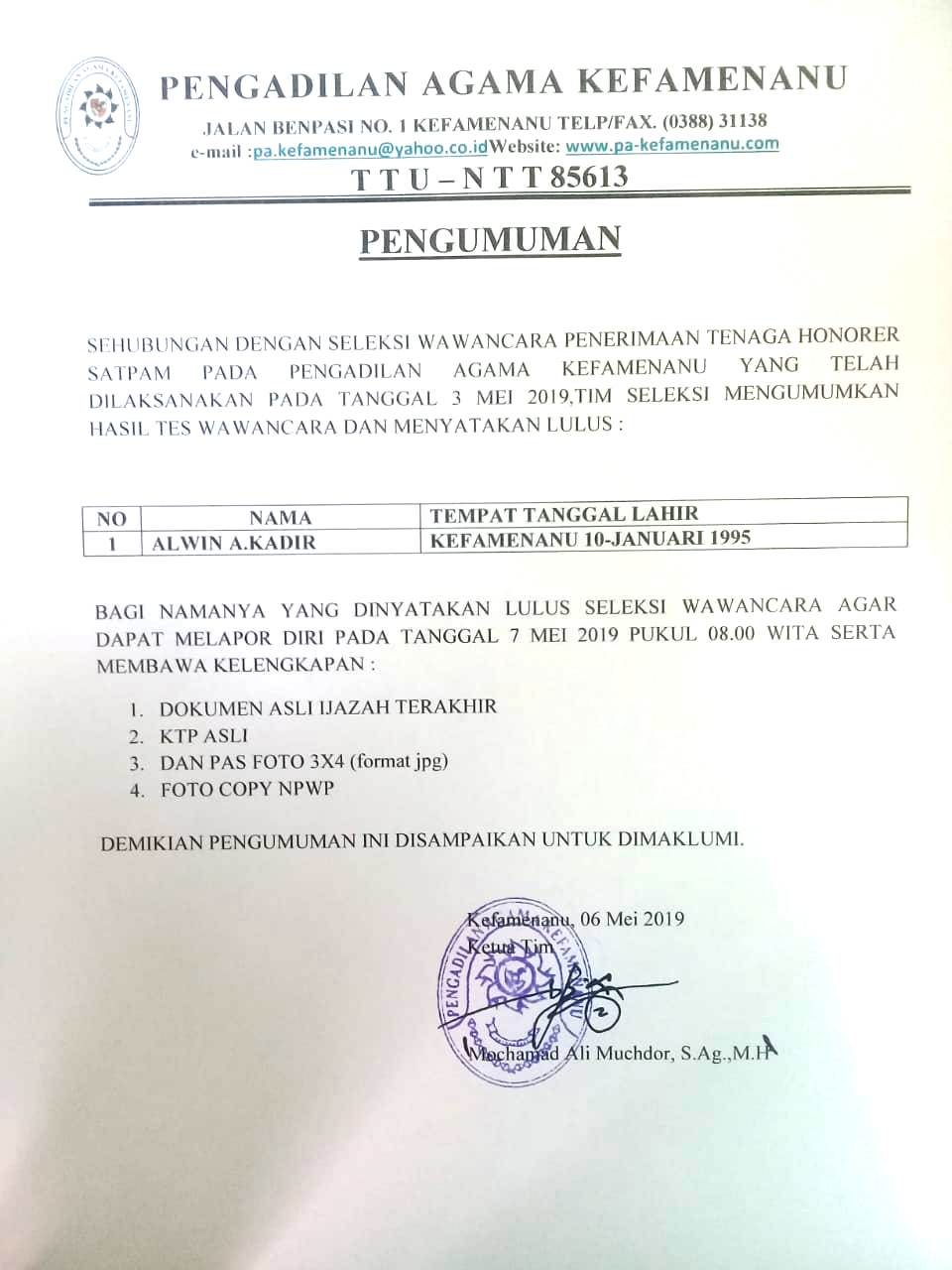 Pengumuman Akhir Kelulusan SATPAM 2019